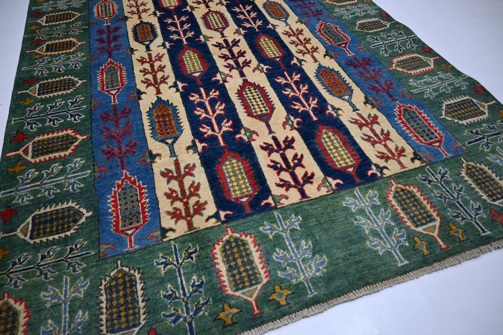 5x7 Hand-Knotted Afghan Wool Rug: Green Blue Beige Navy Geometric Floral Design