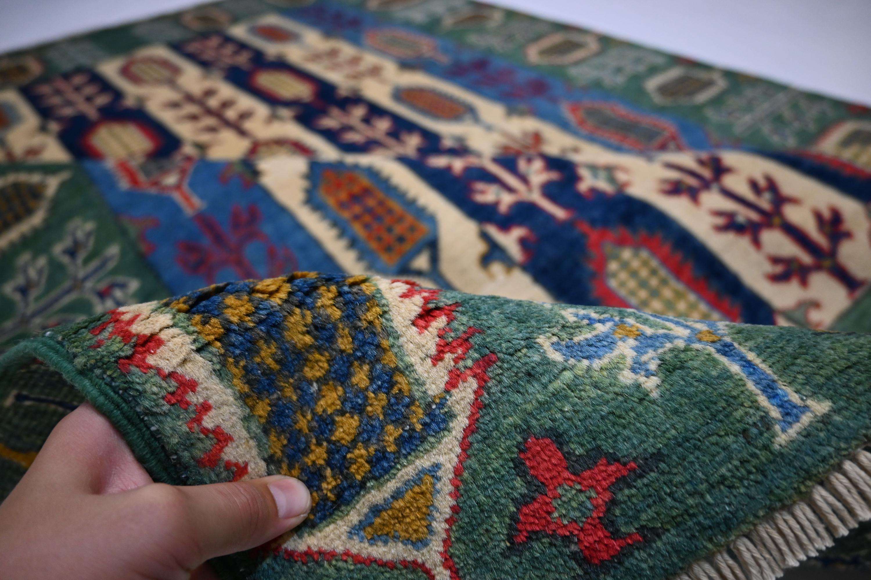 5x7 Hand-Knotted Afghan Wool Rug: Green Blue Beige Navy Geometric Floral Design