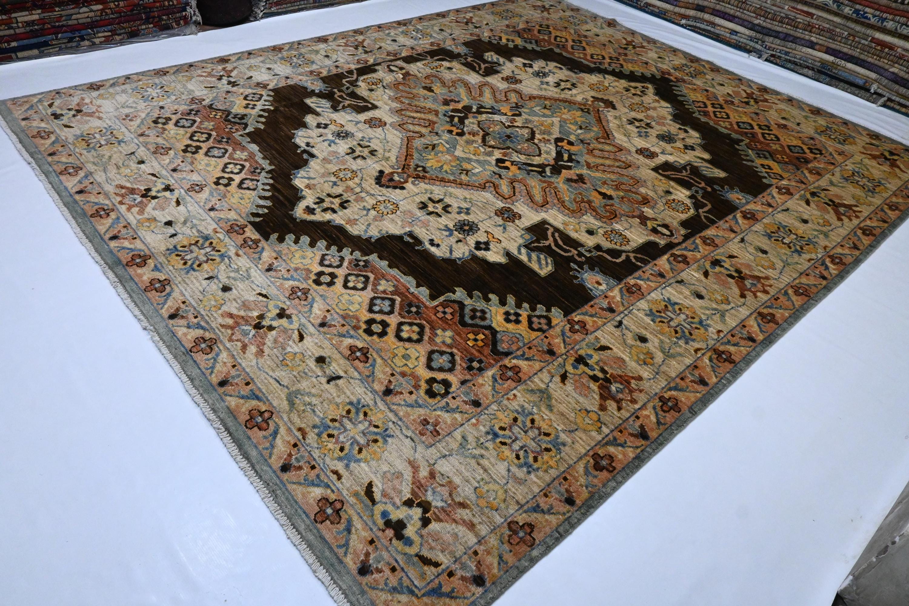 8x10 Handmade Afghan Heriz Wool Rug – Turkmen Medallion, Organic Dyes