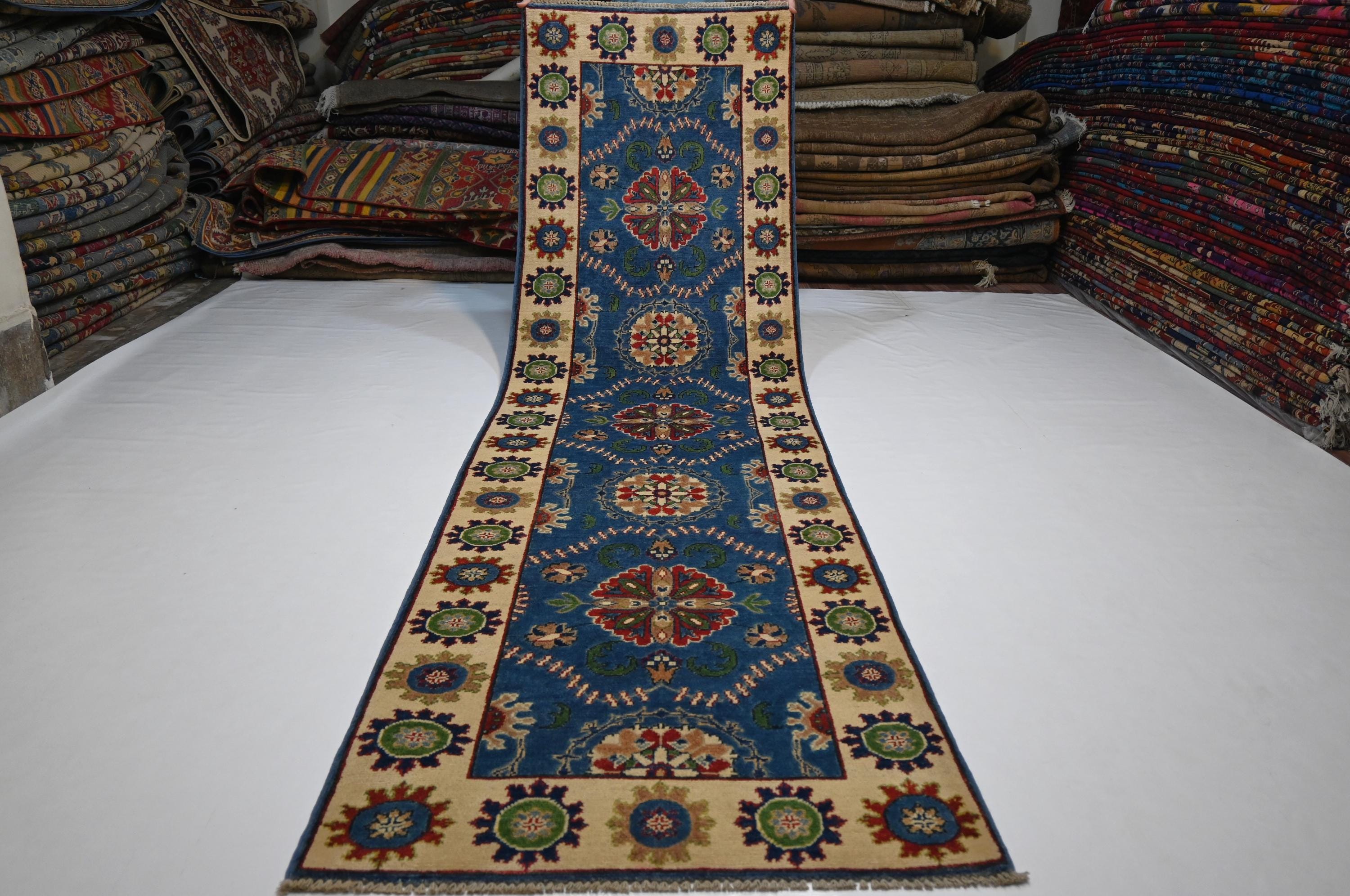 Hand-Knotted Blue Bijdar Wool Runner Rug - 3x10 ft Geometric Turkish Design