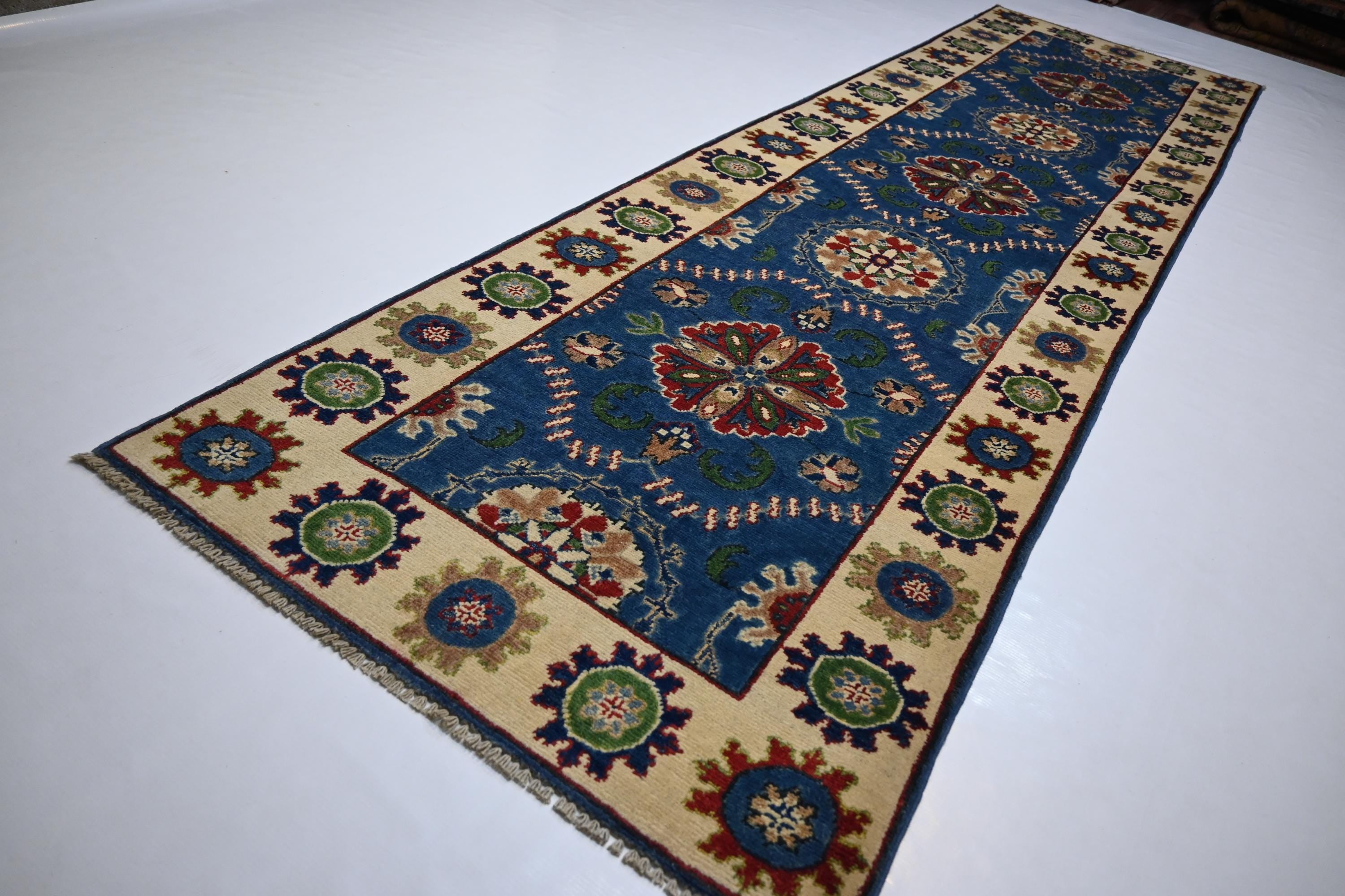 Hand-Knotted Blue Bijdar Wool Runner Rug - 3x10 ft Geometric Turkish Design