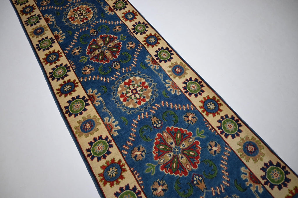 Hand-Knotted Blue Bijdar Wool Runner Rug - 3x10 ft Geometric Turkish Design