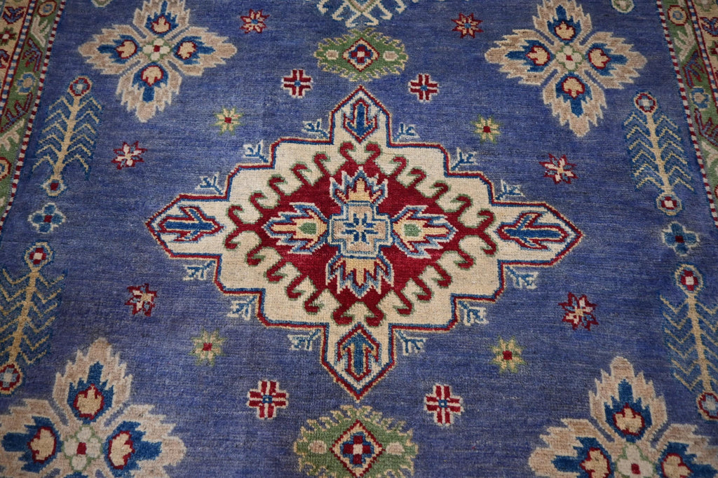 Exquisite 6x8 Purple Kazak Hand-Knotted Wool Rug: Turkish Geometric Area Masterpiece