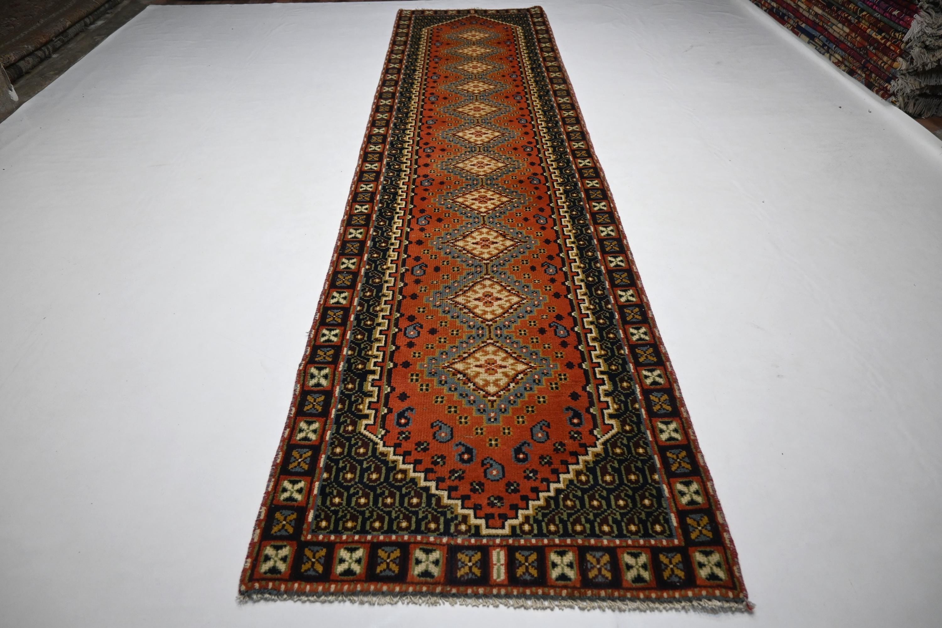 1940s Antique Afghan Handmade Wool Rug Runner - Orange Gray Turkmen Oriental