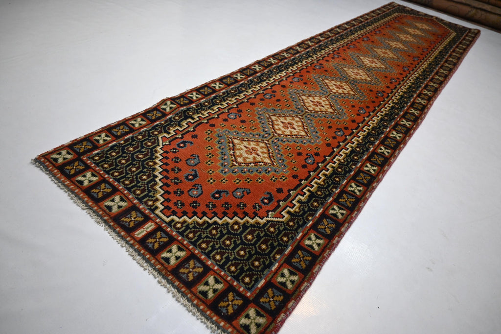 1940s Antique Afghan Handmade Wool Rug Runner - Orange Gray Turkmen Oriental