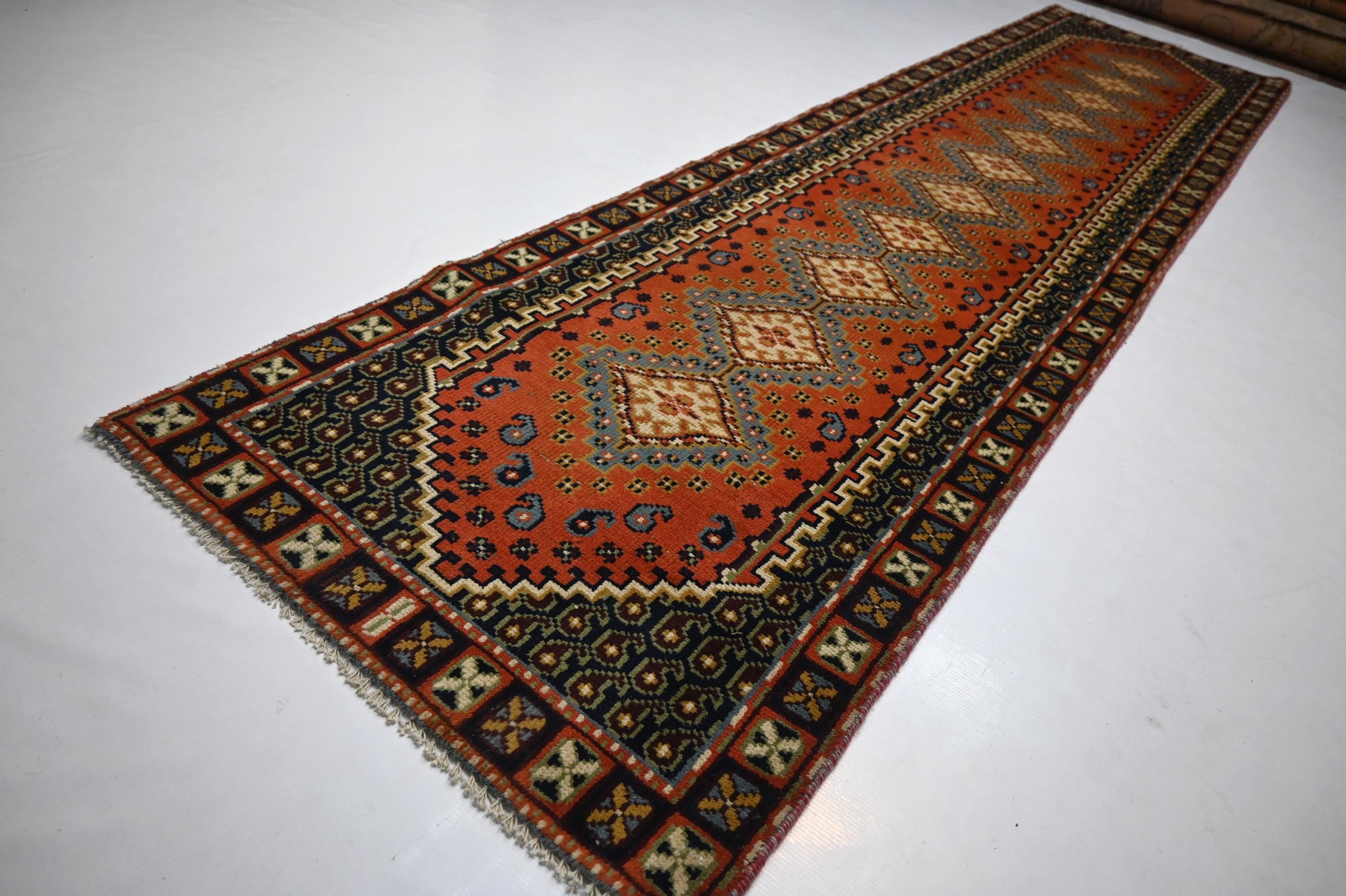 1940s Antique Afghan Handmade Wool Rug Runner - Orange Gray Turkmen Oriental