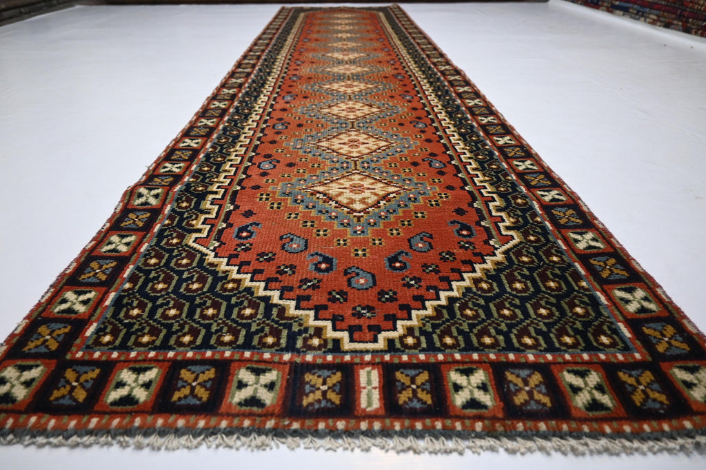 1940s Antique Afghan Handmade Wool Rug Runner - Orange Gray Turkmen Oriental