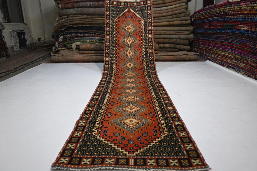 1940s Antique Afghan Handmade Wool Rug Runner - Orange Gray Turkmen Oriental