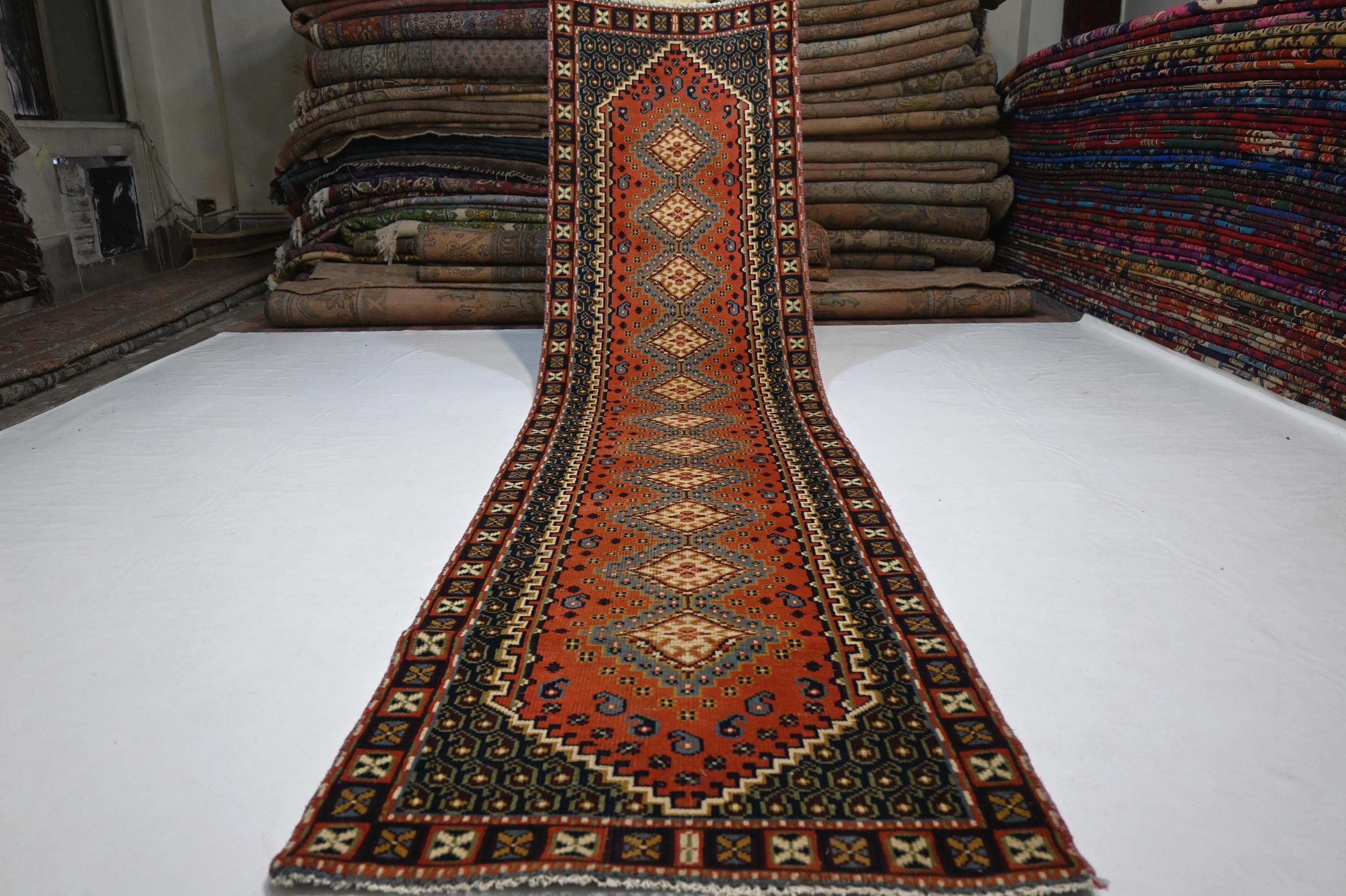1940s Antique Afghan Handmade Wool Rug Runner - Orange Gray Turkmen Oriental