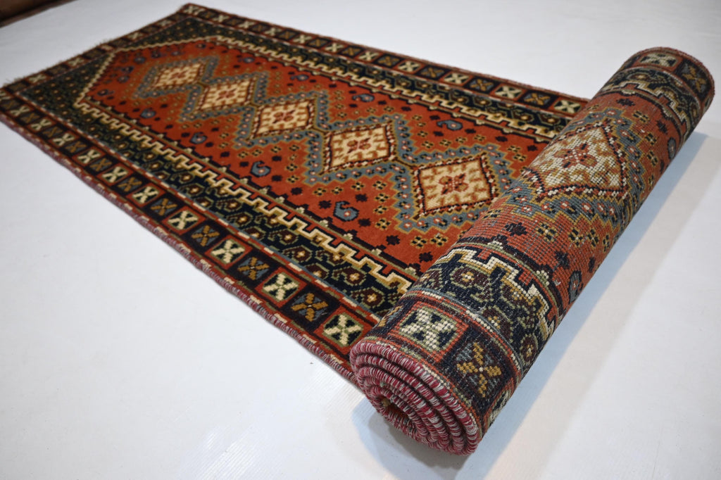 1940s Antique Afghan Handmade Wool Rug Runner - Orange Gray Turkmen Oriental