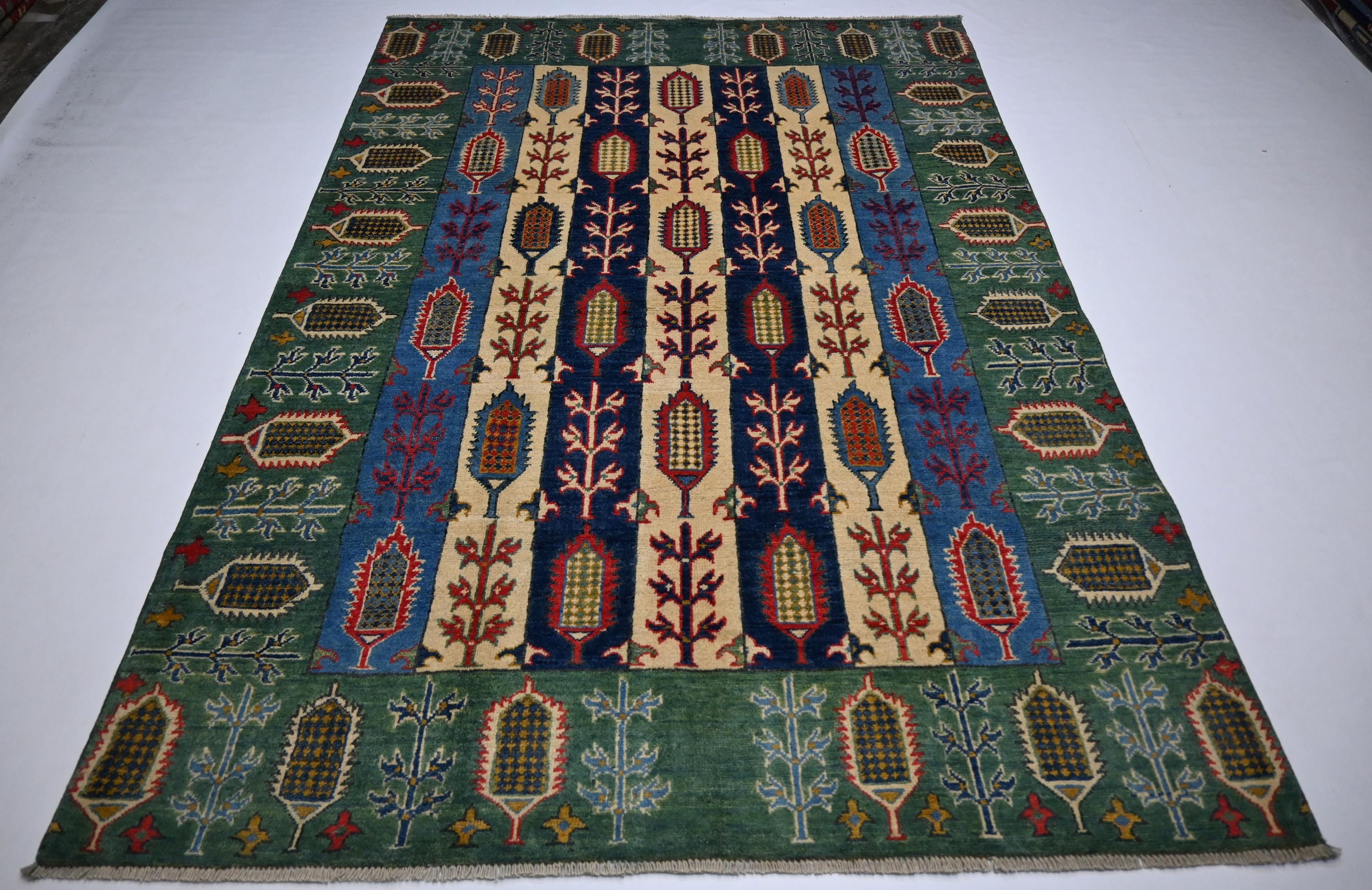 5x7 Hand-Knotted Afghan Wool Rug: Green Blue Beige Navy Geometric Floral Design