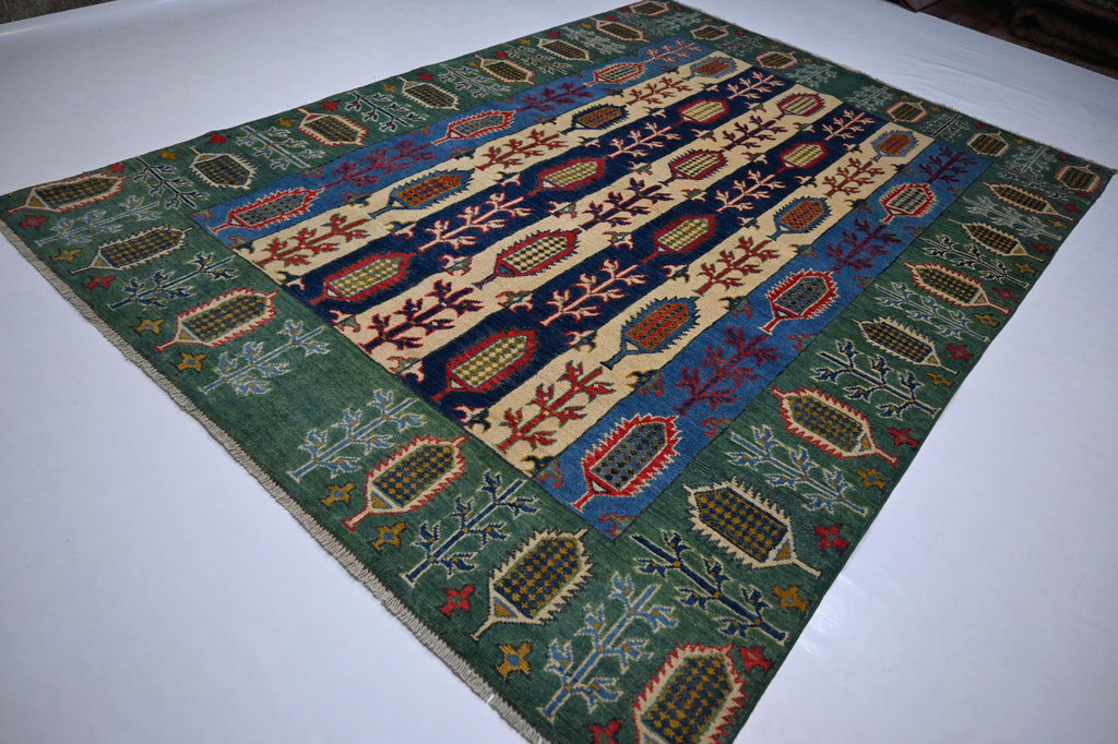 5x7 Hand-Knotted Afghan Wool Rug: Green Blue Beige Navy Geometric Floral Design