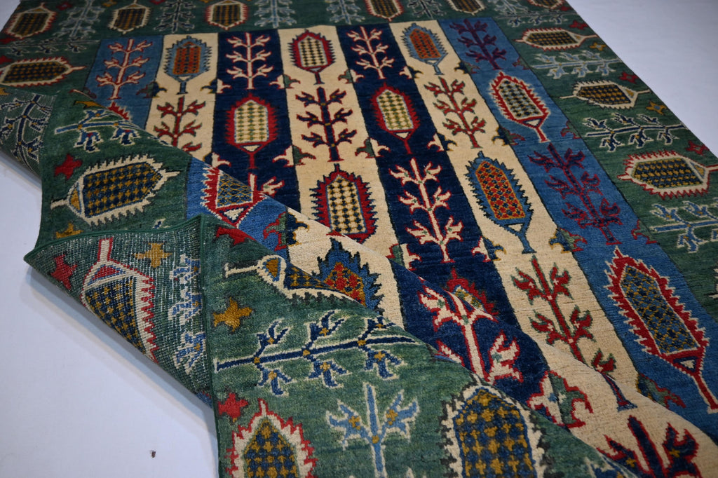 5x7 Hand-Knotted Afghan Wool Rug: Green Blue Beige Navy Geometric Floral Design