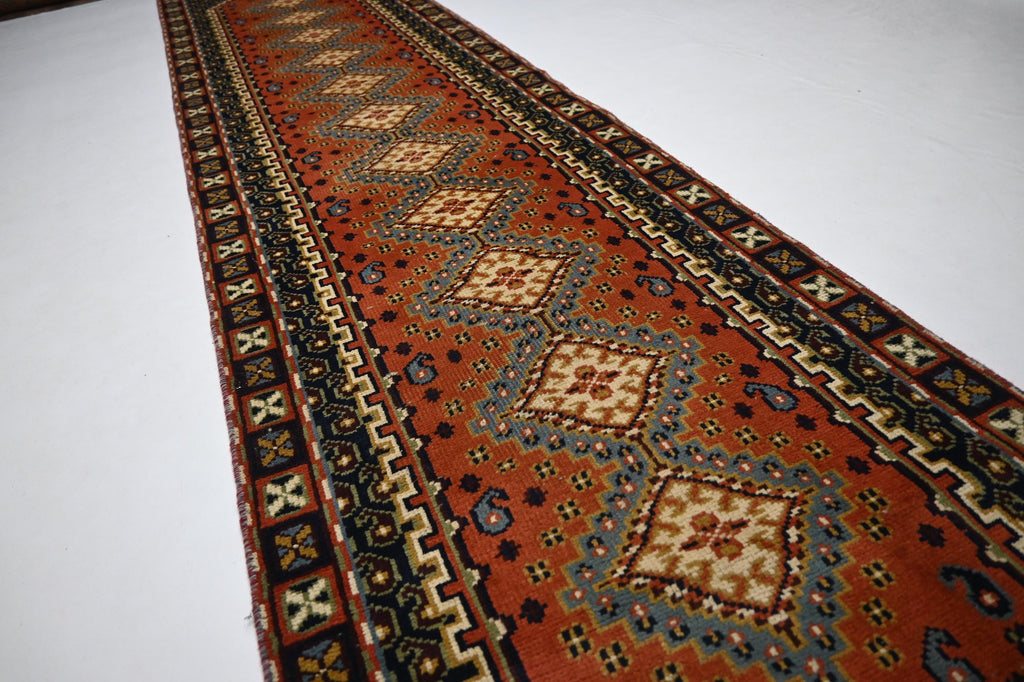 1940s Antique Afghan Handmade Wool Rug Runner - Orange Gray Turkmen Oriental
