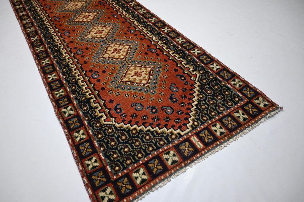 1940s Antique Afghan Handmade Wool Rug Runner - Orange Gray Turkmen Oriental