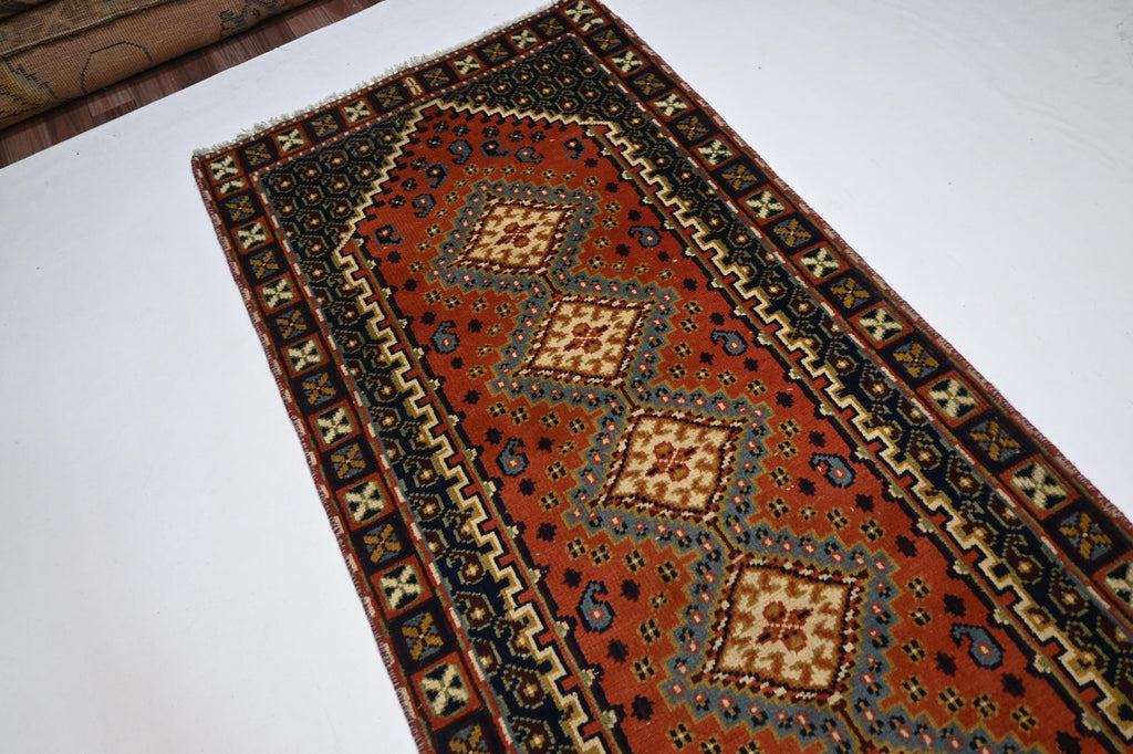 1940s Antique Afghan Handmade Wool Rug Runner - Orange Gray Turkmen Oriental