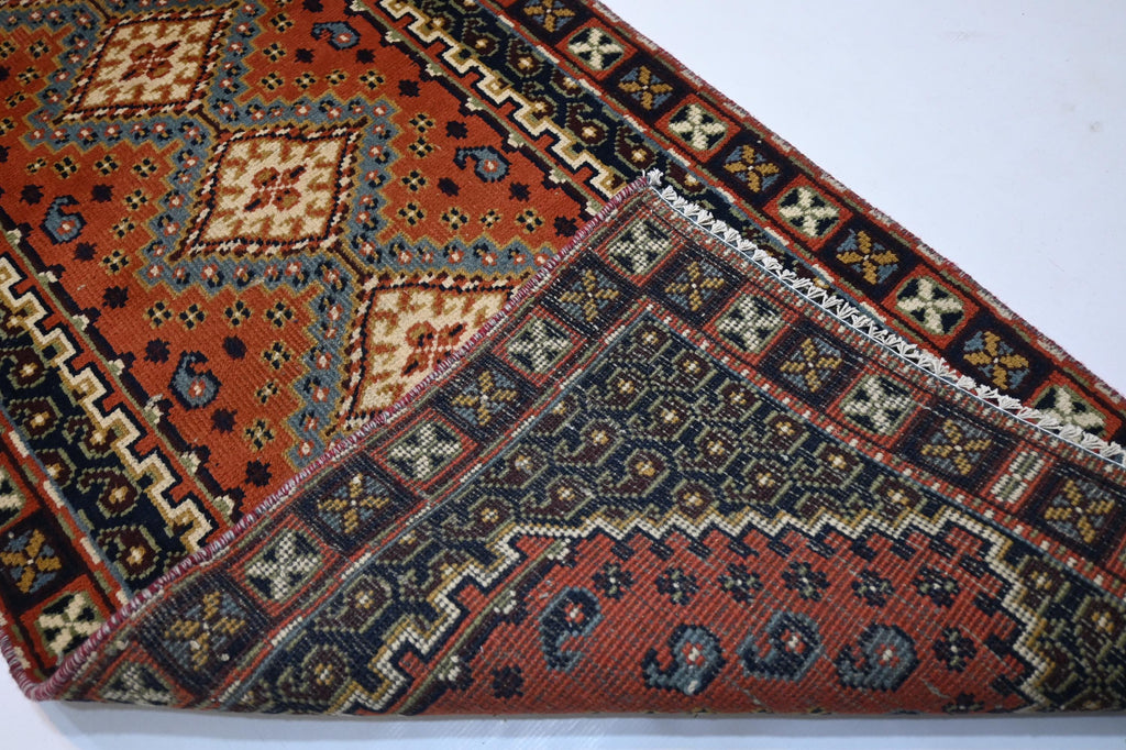 1940s Antique Afghan Handmade Wool Rug Runner - Orange Gray Turkmen Oriental