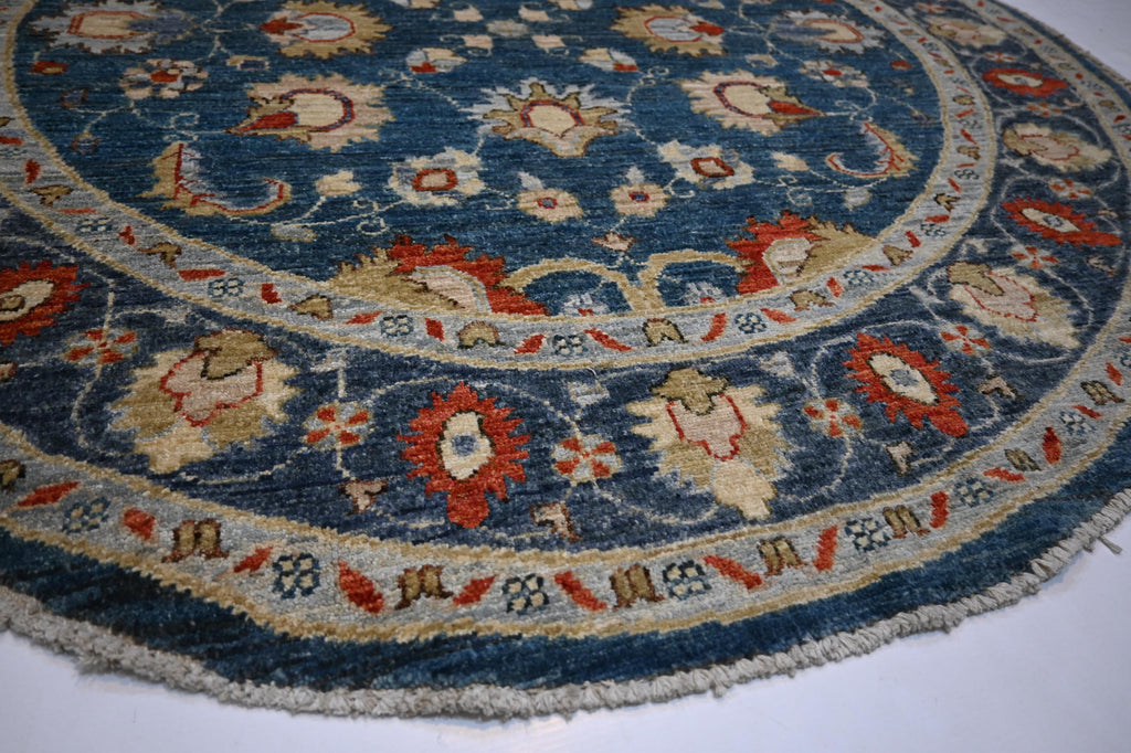 5x5 Ft Round Bluish Turquoise Afghan Zeigler Hand-Knotted Wool Area Rug