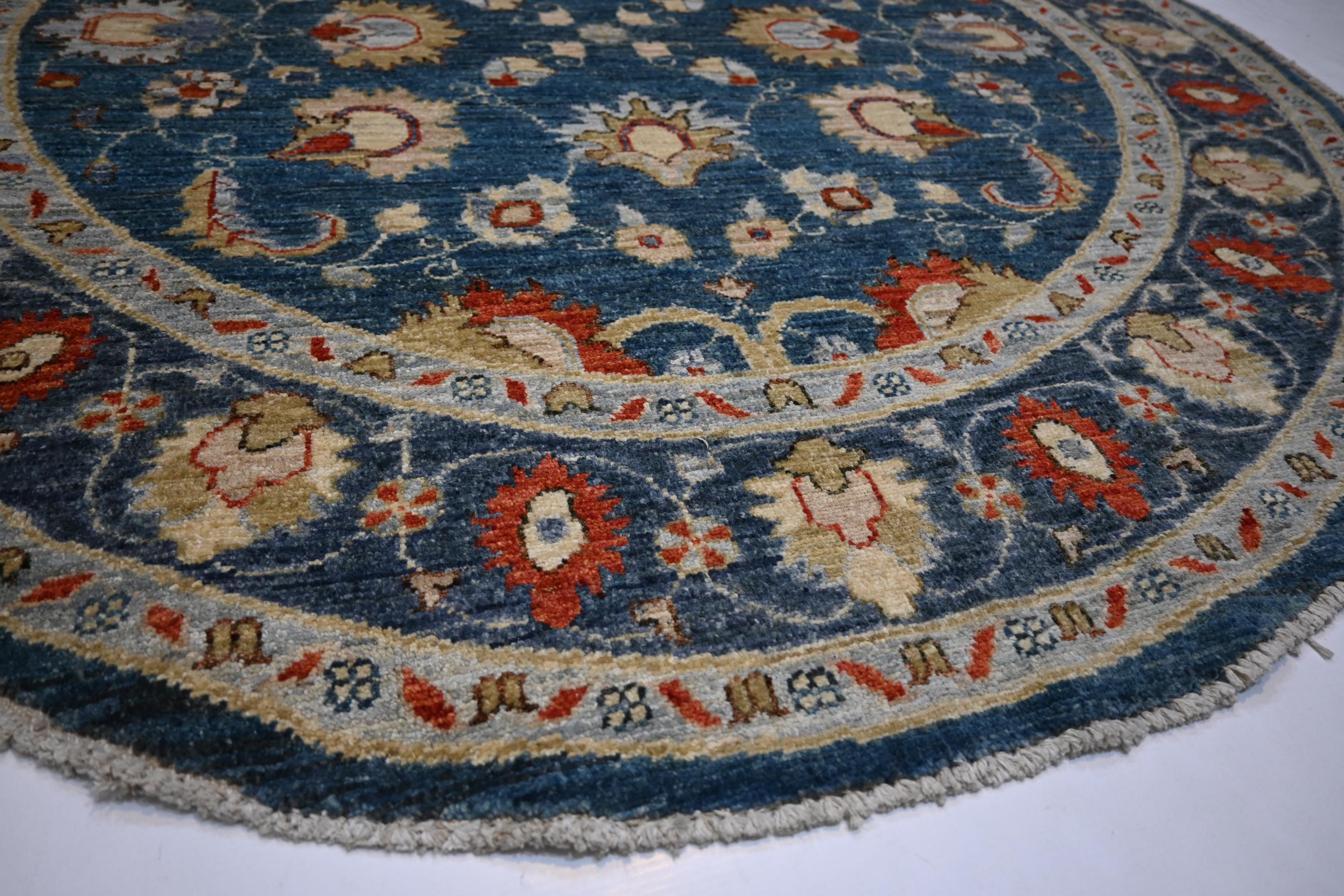 5x5 Ft Round Bluish Turquoise Afghan Zeigler Hand-Knotted Wool Area Rug