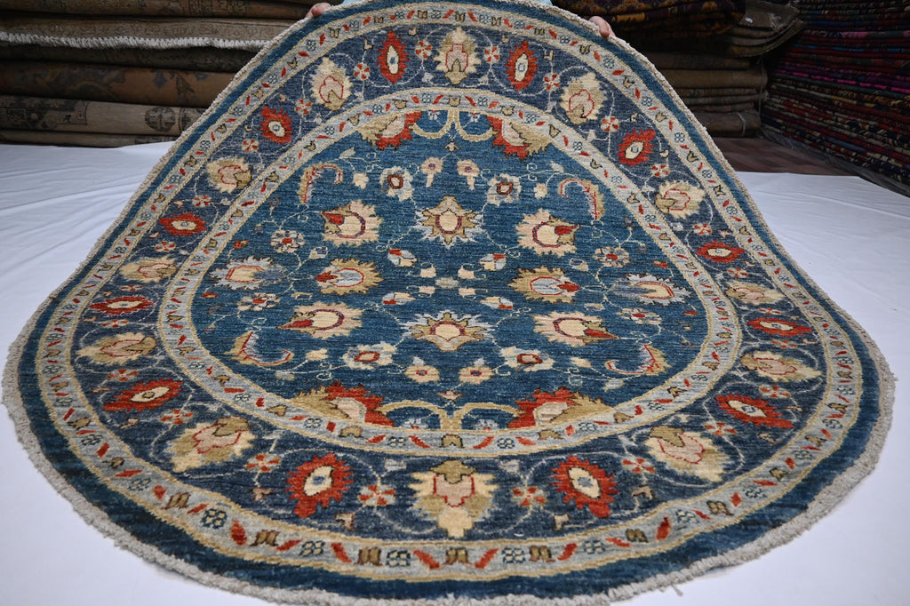 5x5 Ft Round Bluish Turquoise Afghan Zeigler Hand-Knotted Wool Area Rug