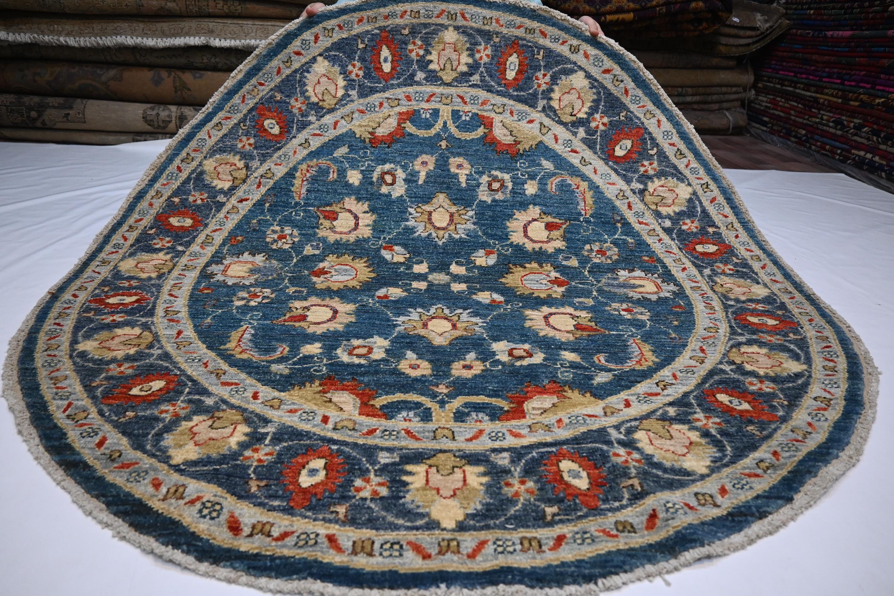 5x5 Ft Round Bluish Turquoise Afghan Zeigler Hand-Knotted Wool Area Rug