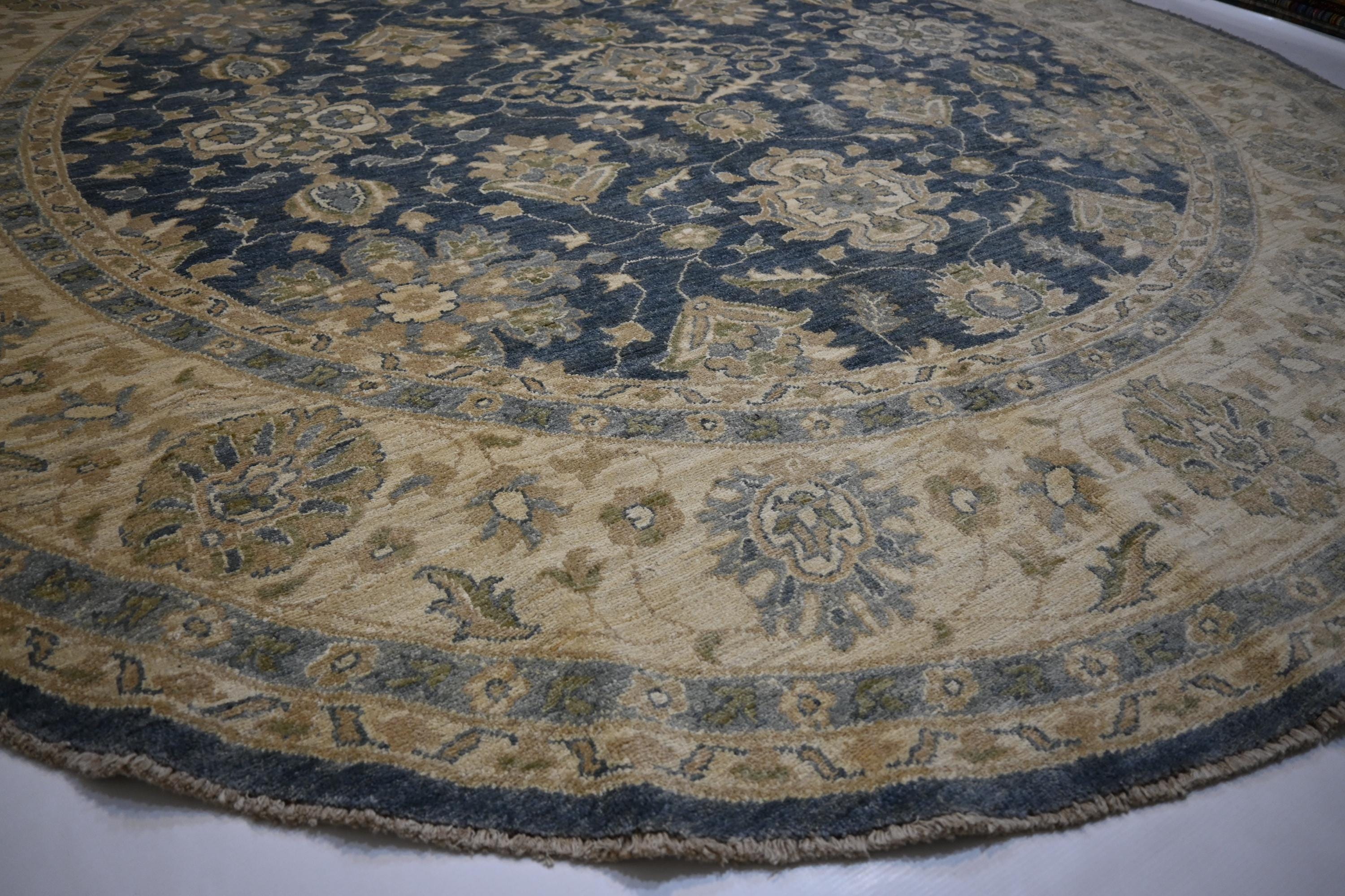 Handmade 9x9 Ft Afghan Turkmen Round Wool Rug, Gray Modern Zeigler Design