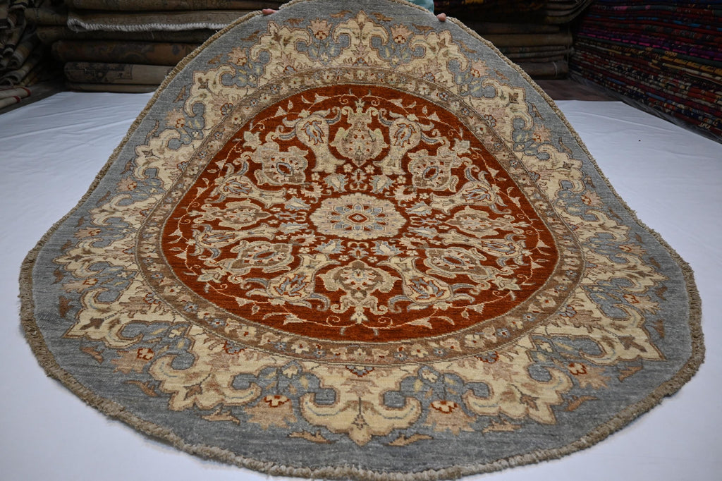 Luxurious Hand-Knotted Afghan Wool Rug: Red Gray Turkmen Zeigler Geometric Pattern