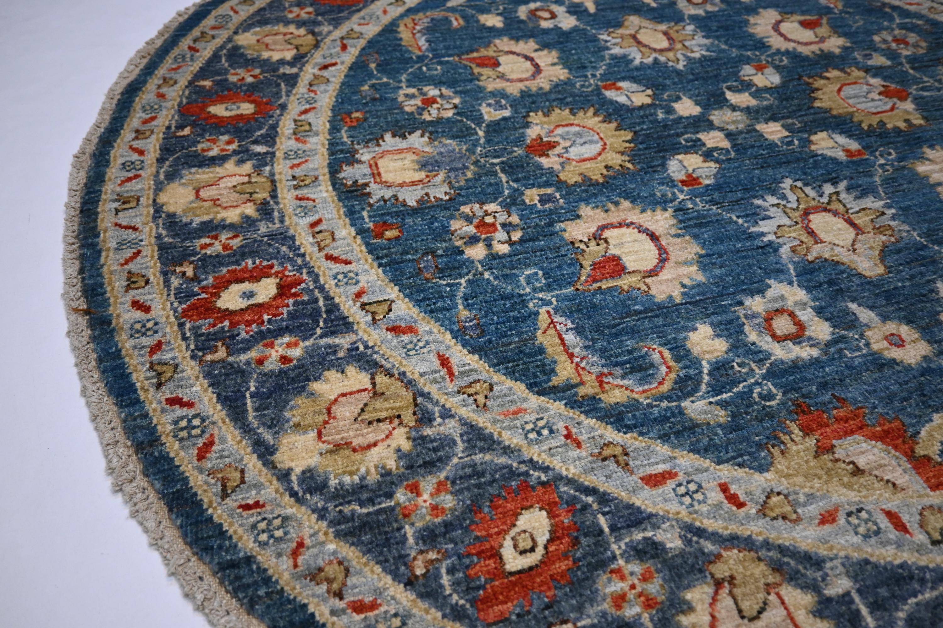 5x5 Ft Round Bluish Turquoise Afghan Zeigler Hand-Knotted Wool Area Rug