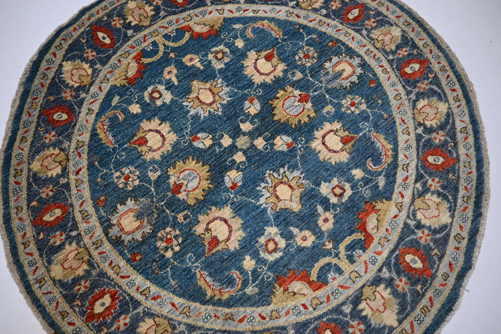 5x5 Ft Round Bluish Turquoise Afghan Zeigler Hand-Knotted Wool Area Rug