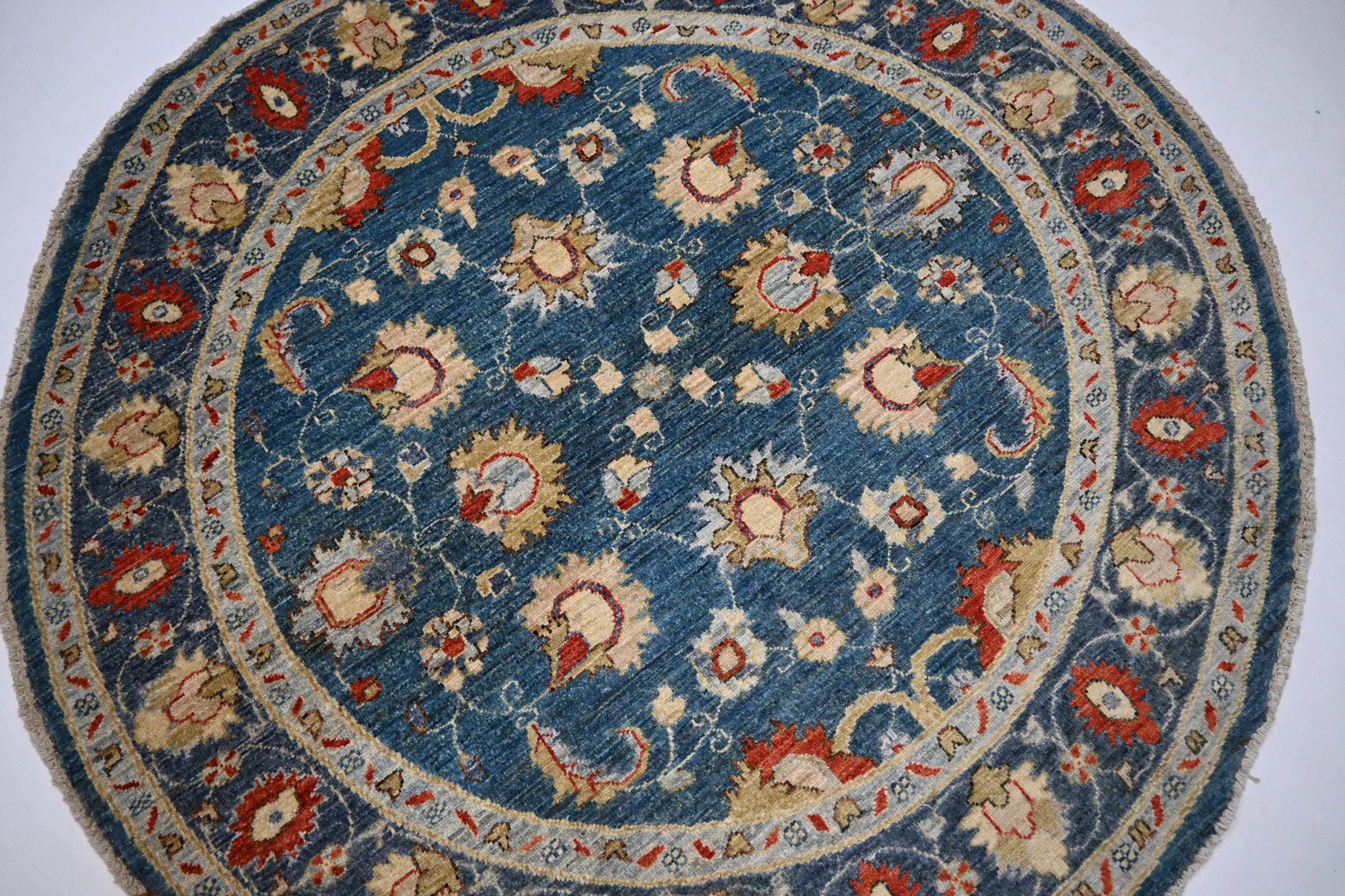 5x5 Ft Round Bluish Turquoise Afghan Zeigler Hand-Knotted Wool Area Rug