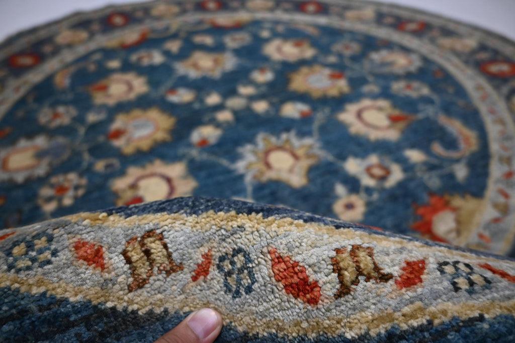 5x5 Ft Round Bluish Turquoise Afghan Zeigler Hand-Knotted Wool Area Rug