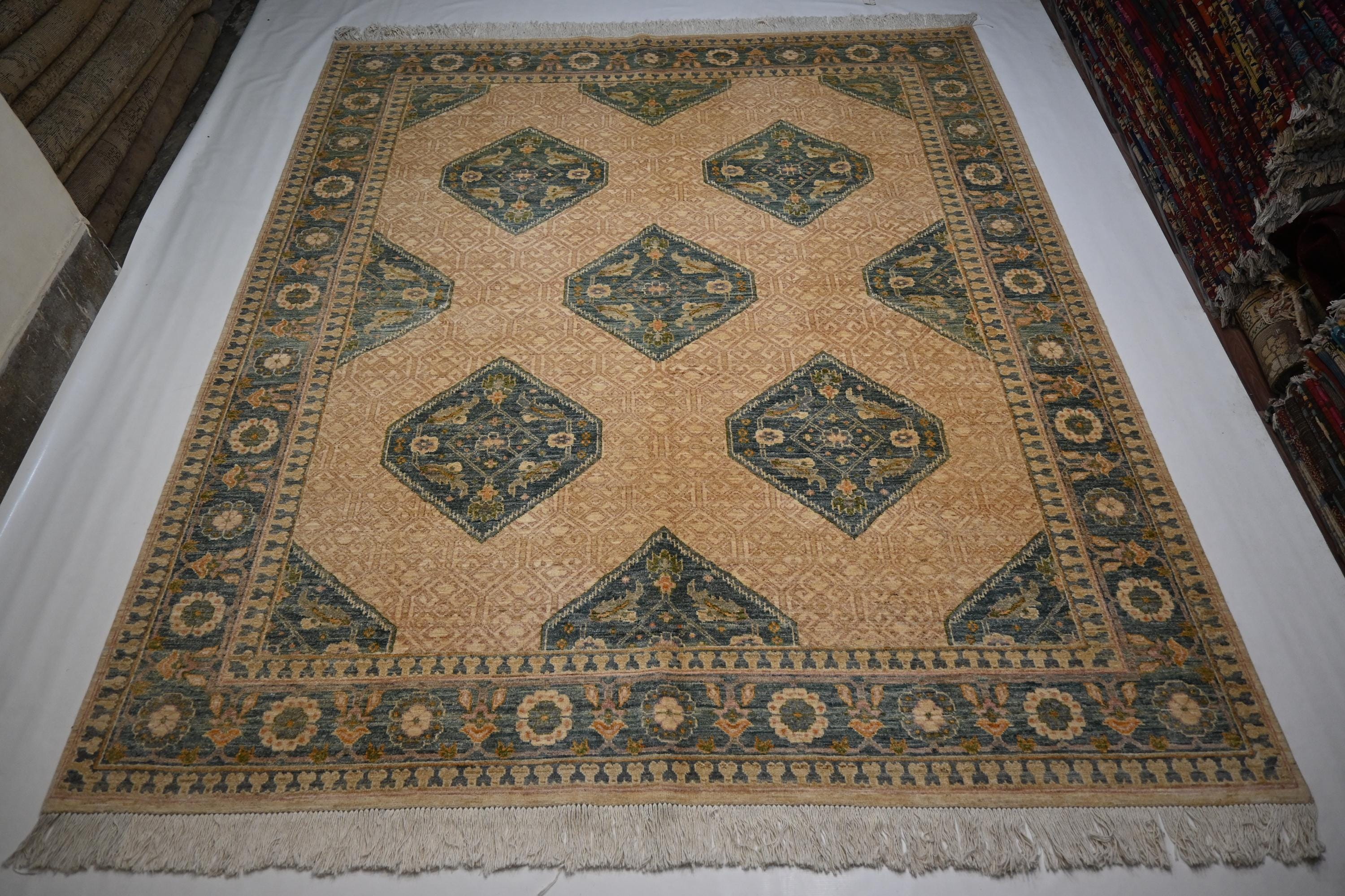 Premium 8'2x9'6 ft Hand-Knotted Afghan Beige Wool Area Rug Natural Dyes