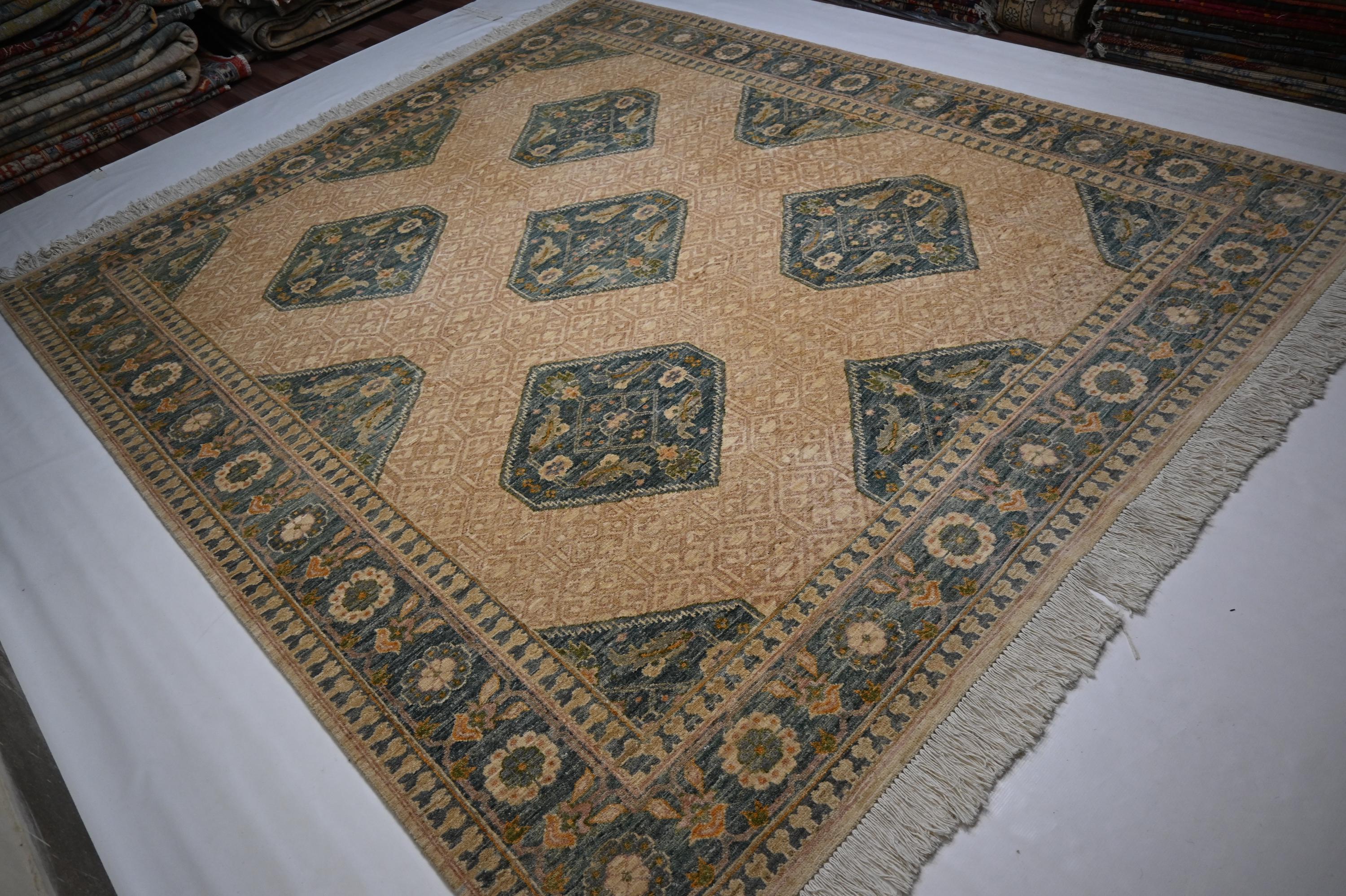 Premium 8'2x9'6 ft Hand-Knotted Afghan Beige Wool Area Rug Natural Dyes