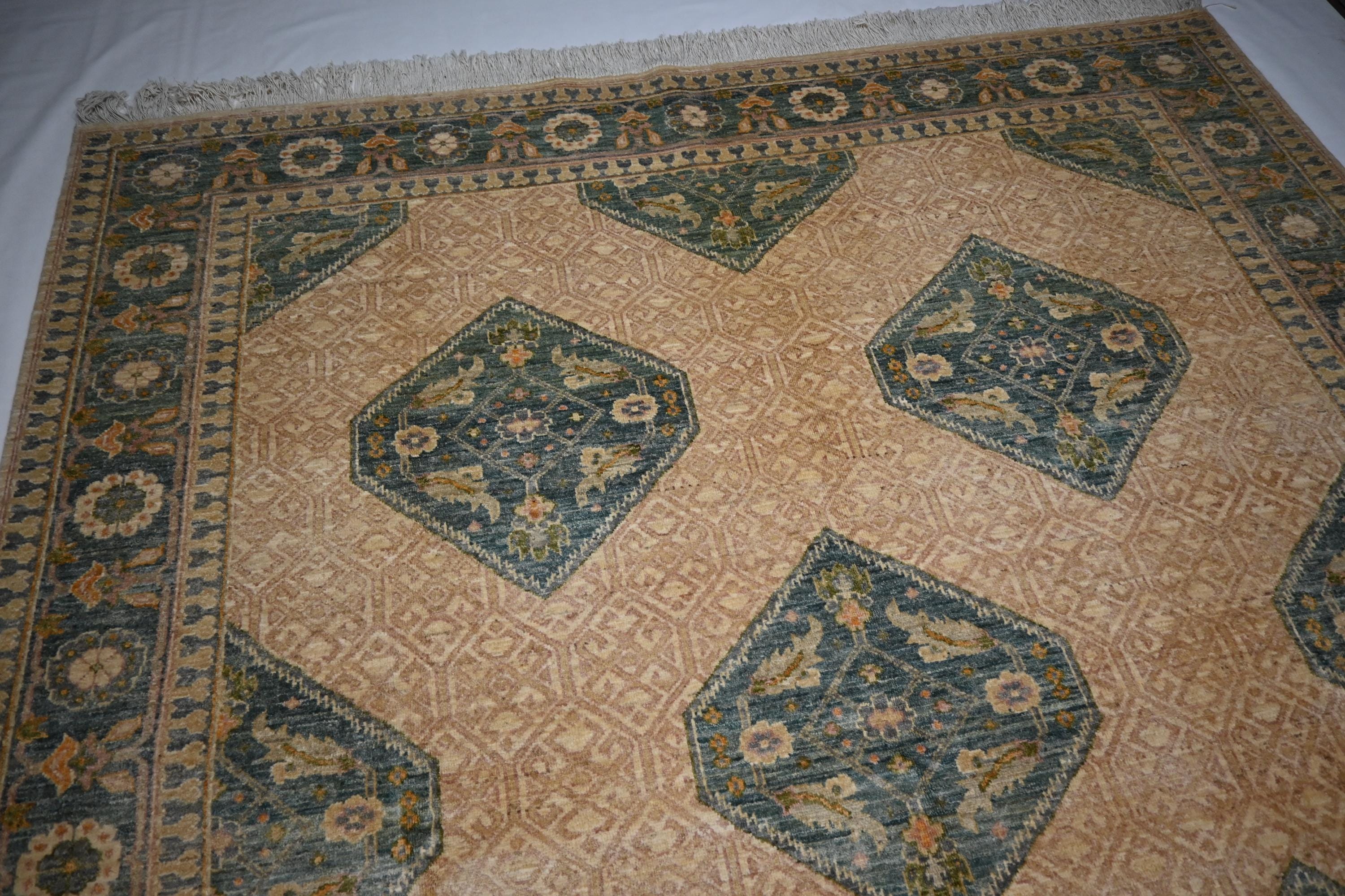 Premium 8'2x9'6 ft Hand-Knotted Afghan Beige Wool Area Rug Natural Dyes