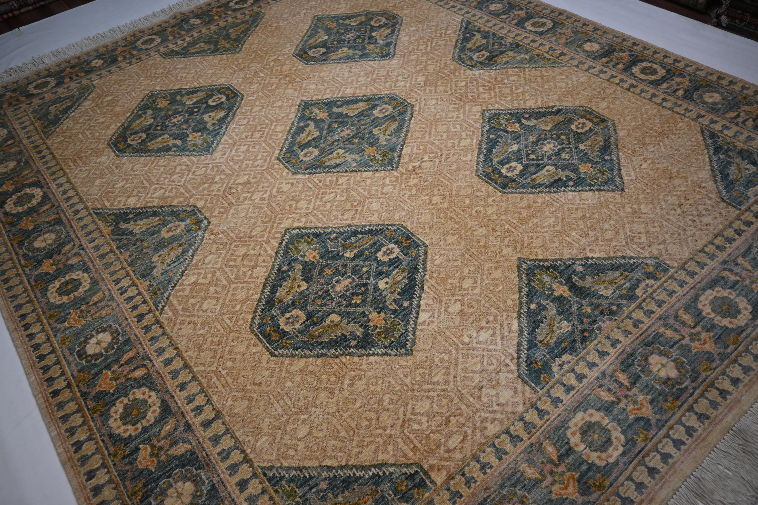 Premium 8'2x9'6 ft Hand-Knotted Afghan Beige Wool Area Rug Natural Dyes